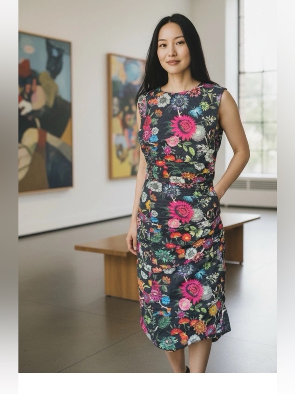 Nicole Miller floral tank midi sheath ruched crinkle dress stretch 4 black